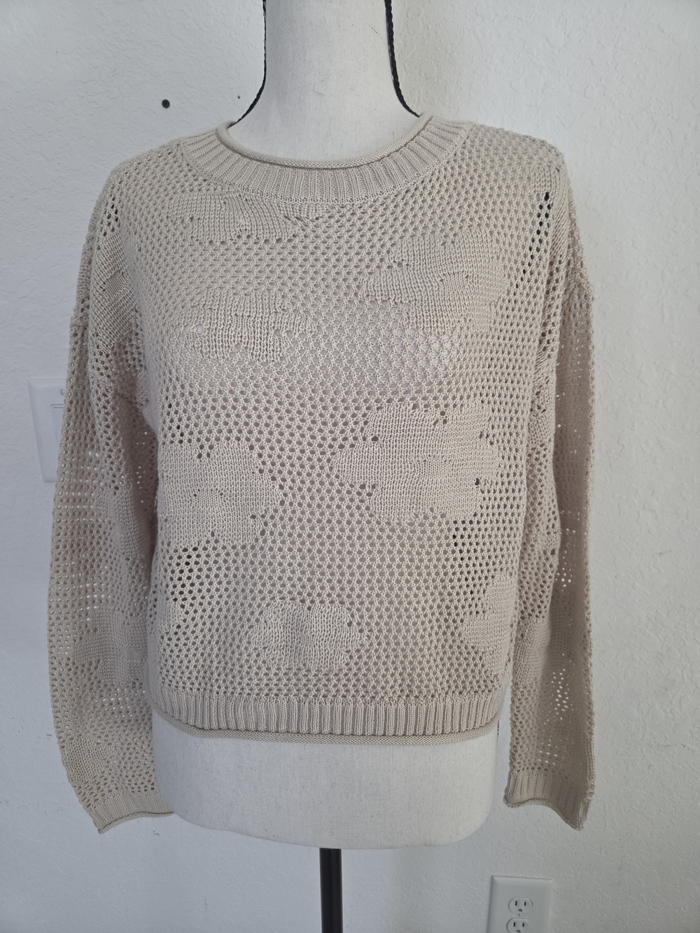 BCX Open Knit Crochet Flower Sweater Beige Tan XS Cottagecore Boho Y2K